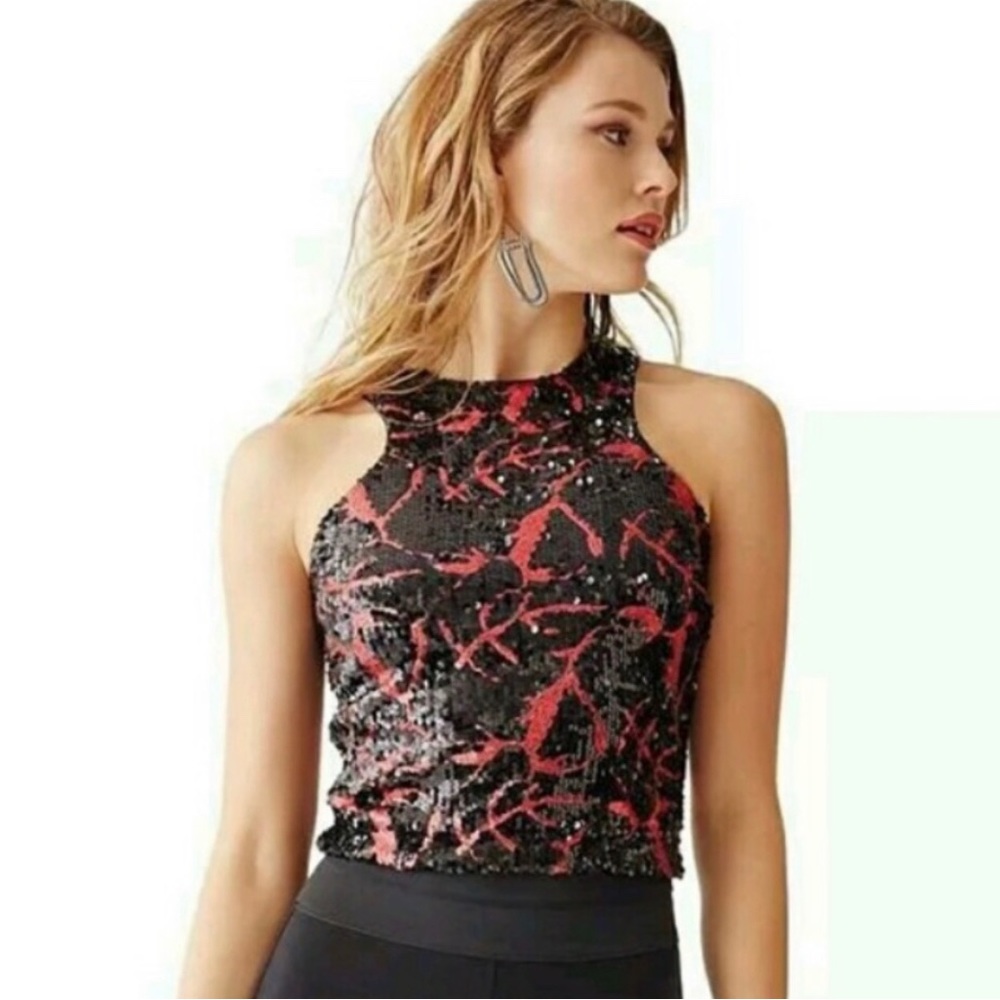 Guess Black and Red Sequin Crop Top Size XS // Reputation Era Top